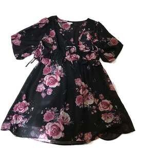 Xhilaration Black Floral Tie-Front Mini Dress Women’s Large Romantic chic boho